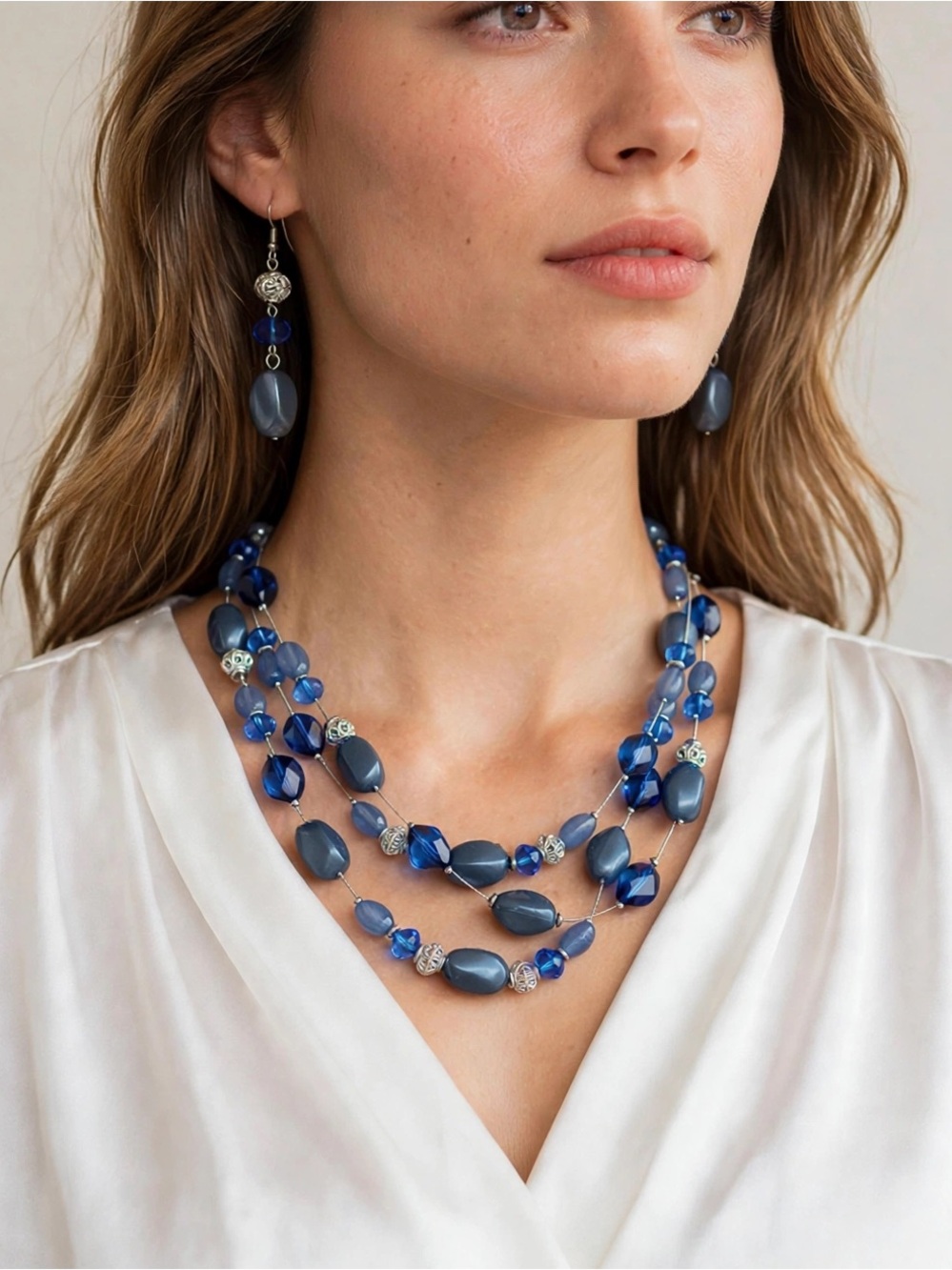 Blue Multi-Strand Beaded Necklace and Earrings Set - Ashley Cooper